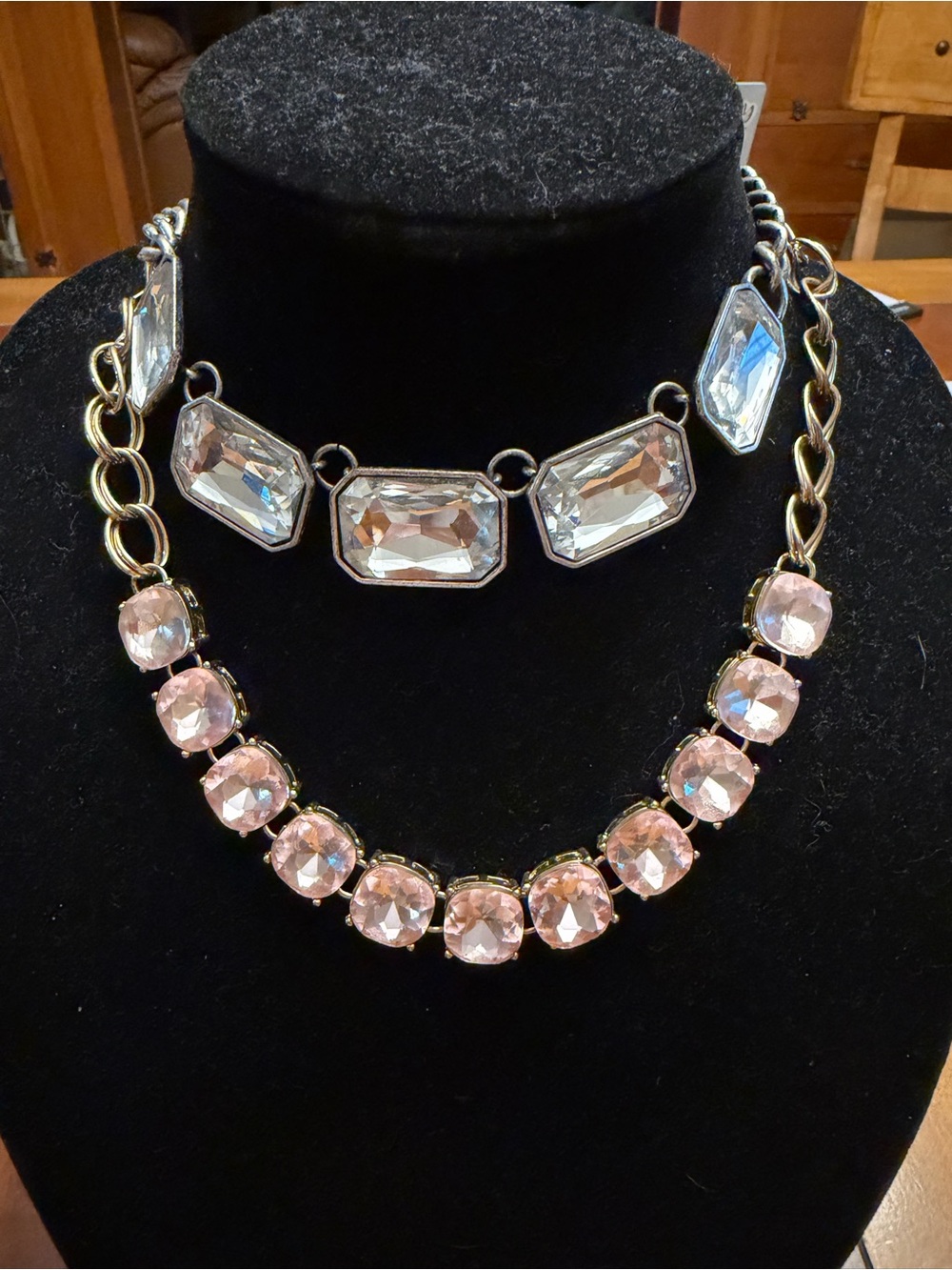 Elegant Pink Crystal Statement Necklace & Clear Crystal Necklace - Picture 2 of 9